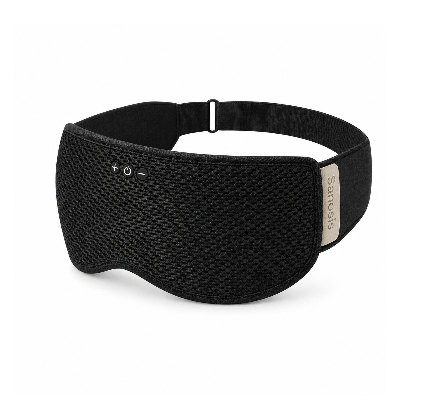 A black sleep mask with a breathable mesh front panel, adjustable black strap, and a small beige brand plaque on the side. The front features simple white control symbols.