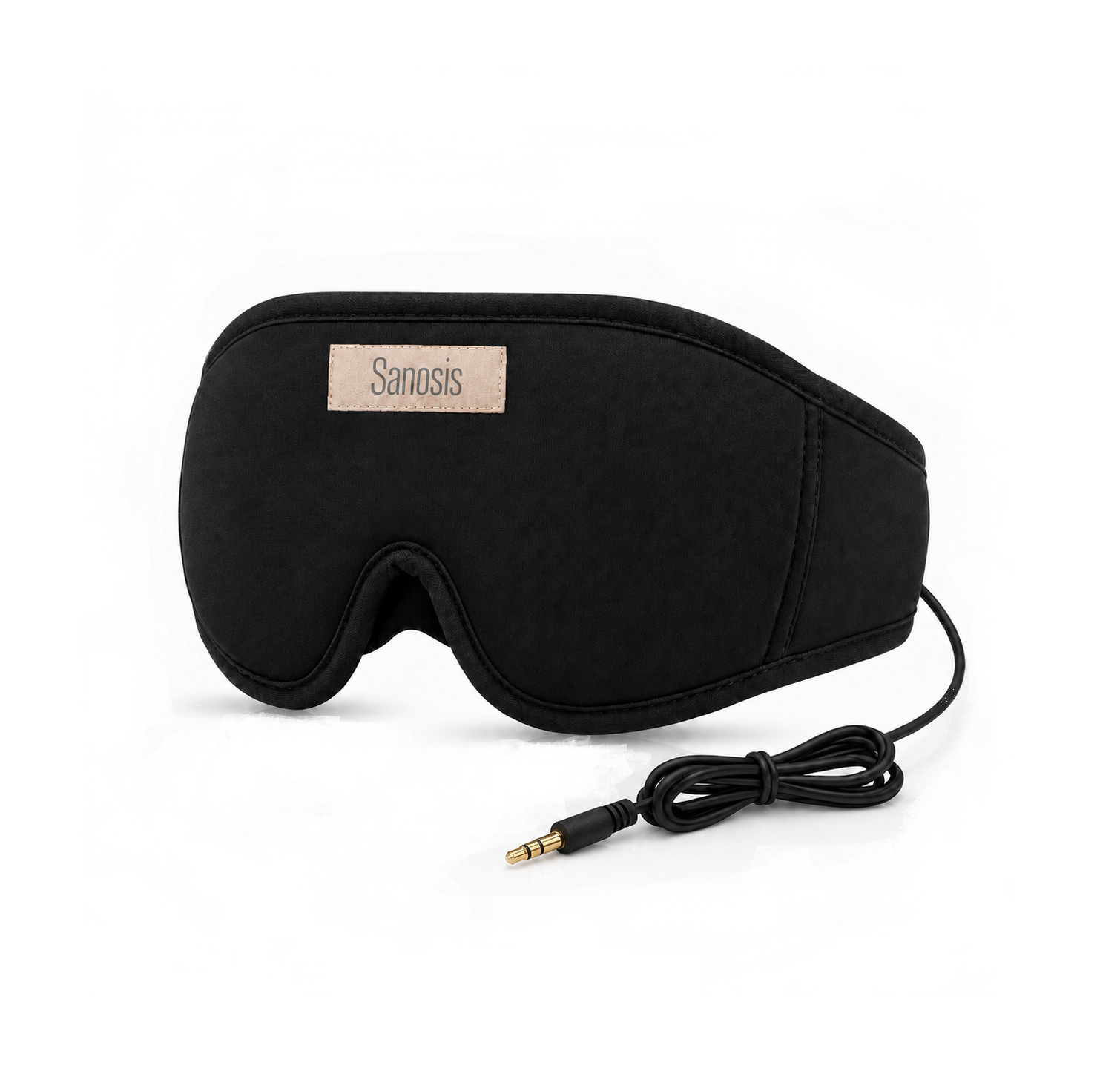 A black Sanosis electronic sleep mask with a built-in wired remote, shown on a clean white background.