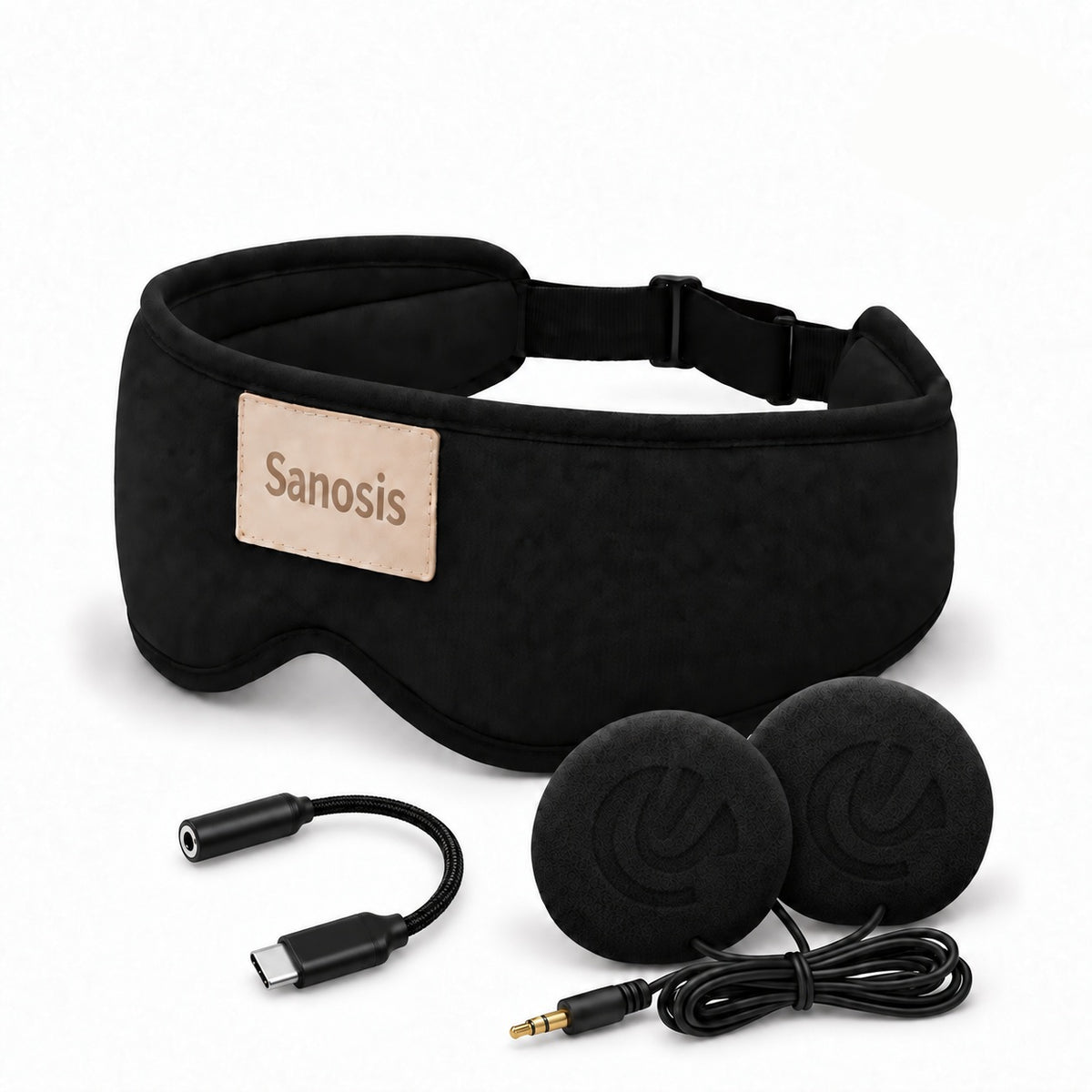 Sanosis Ascend Enhanced wired sleep headphones with padded adjustable strap, USB-C to 3.5mm adapter, foam ear cushions and no-wireless icon