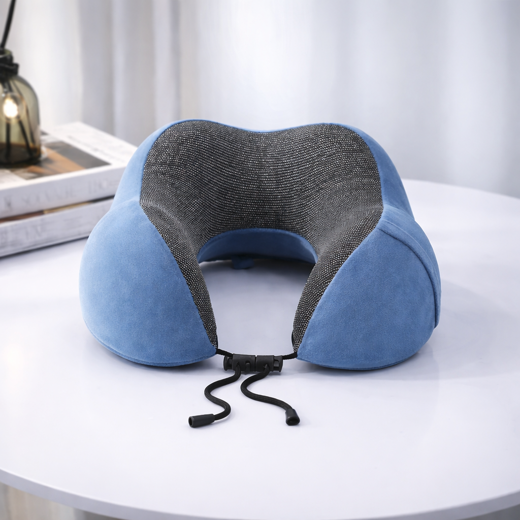 Blue and gray neck pillow on a white surface with a blurred background