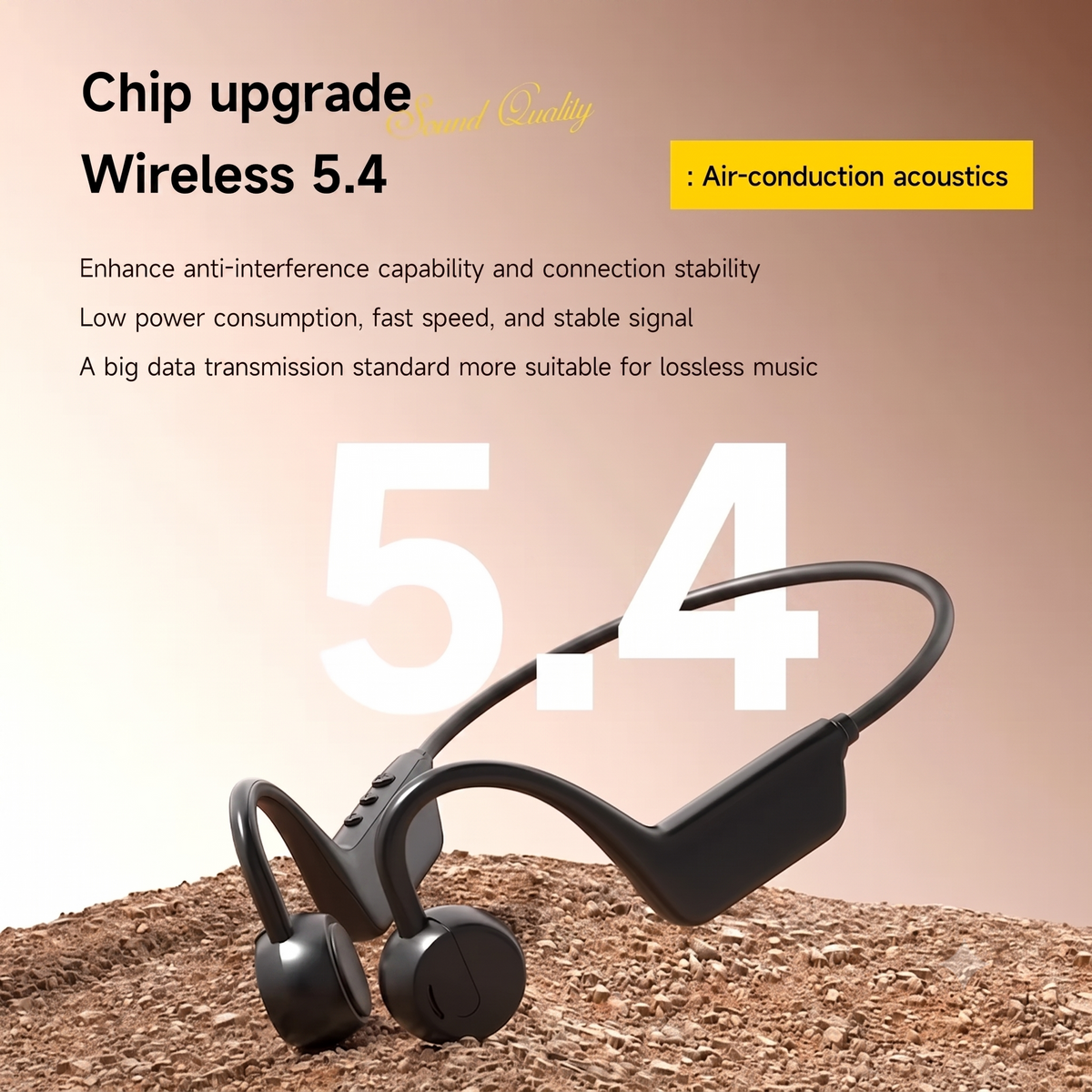 Black wireless bone-conduction earphones with a curved headband design, shown on a textured brown surface against a beige gradient background with promotional text for 'Wireless 5.4' and 'Air-conduction acoustics'.