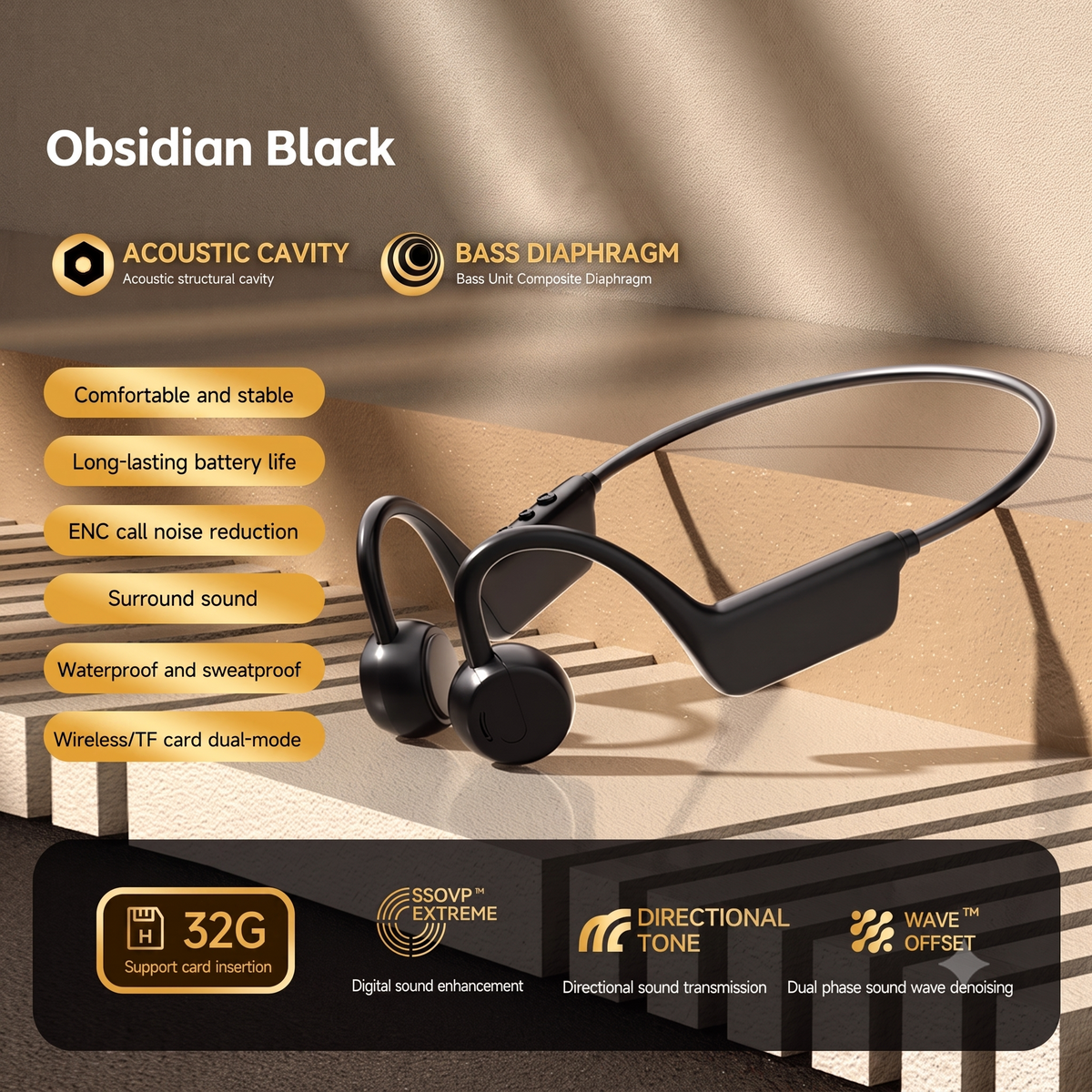 Black bone-style wireless earphones with a curved neckband design, shown on a beige surface with marketing text and feature callouts. The image highlights acoustic cavity, bass diaphragm, comfort, battery life, ENC noise reduction, surround sound, waterproof/sweatproof, and wireless/TF card compatibility.