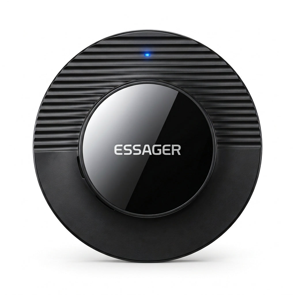 A round black Essager electronic device with a glossy center, horizontal ridges on the top, a small blue indicator light, and the brand name 'ESSAGER' printed in white on the front, set against a plain white background.