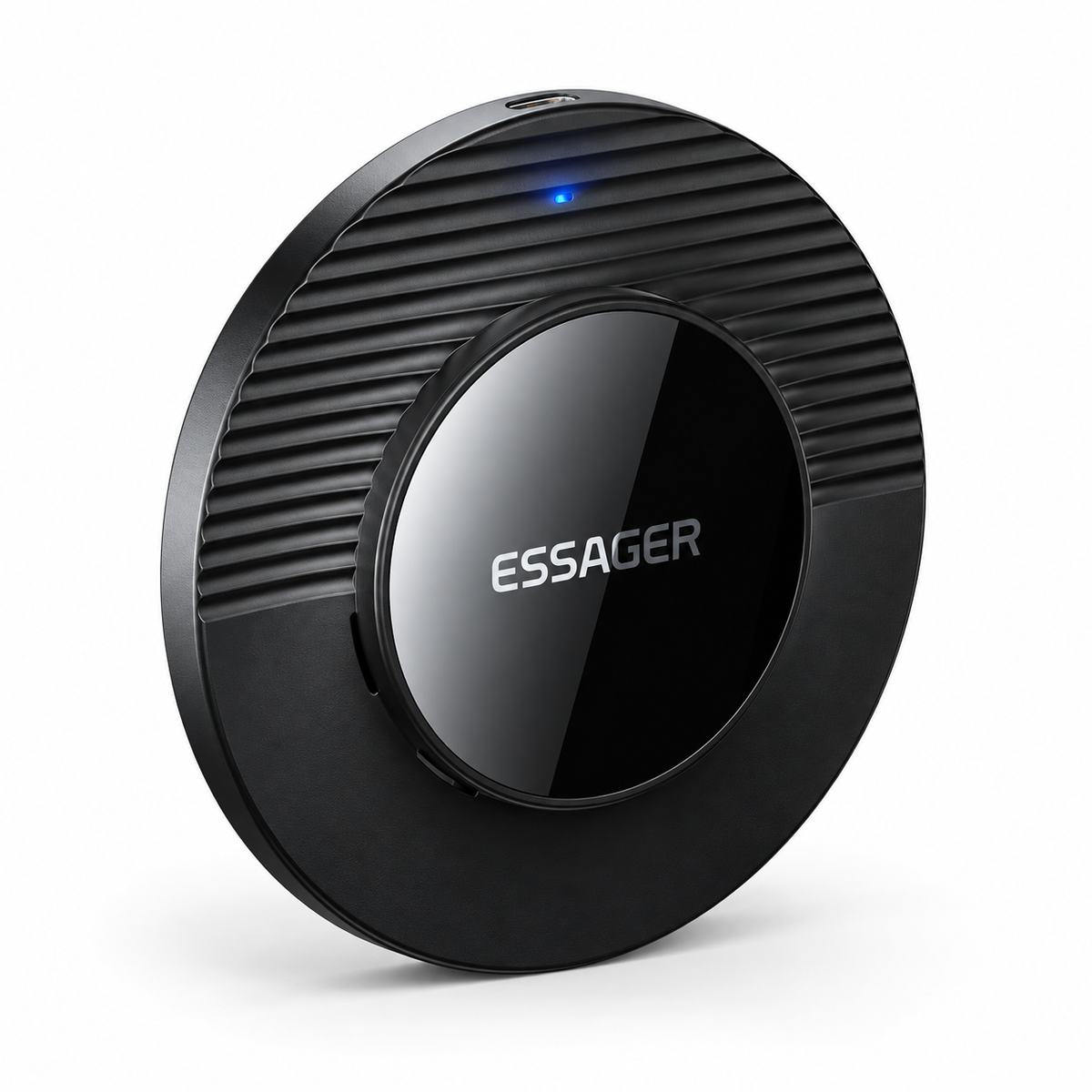 A black round electronic device with ribbed outer sides and a glossy center displaying the brand name 'ESSAGER' in white, shown on a clean white background.