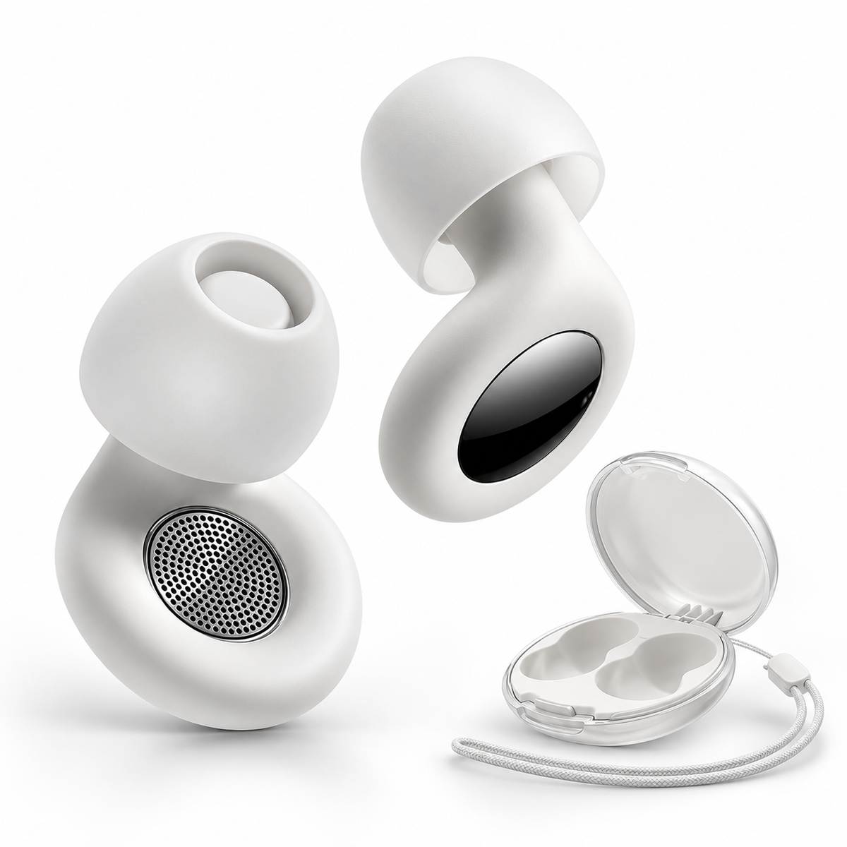 A pair of white, mushroom-shaped wireless earbuds with a matching open charging case and lanyard, shown on a clean white background.