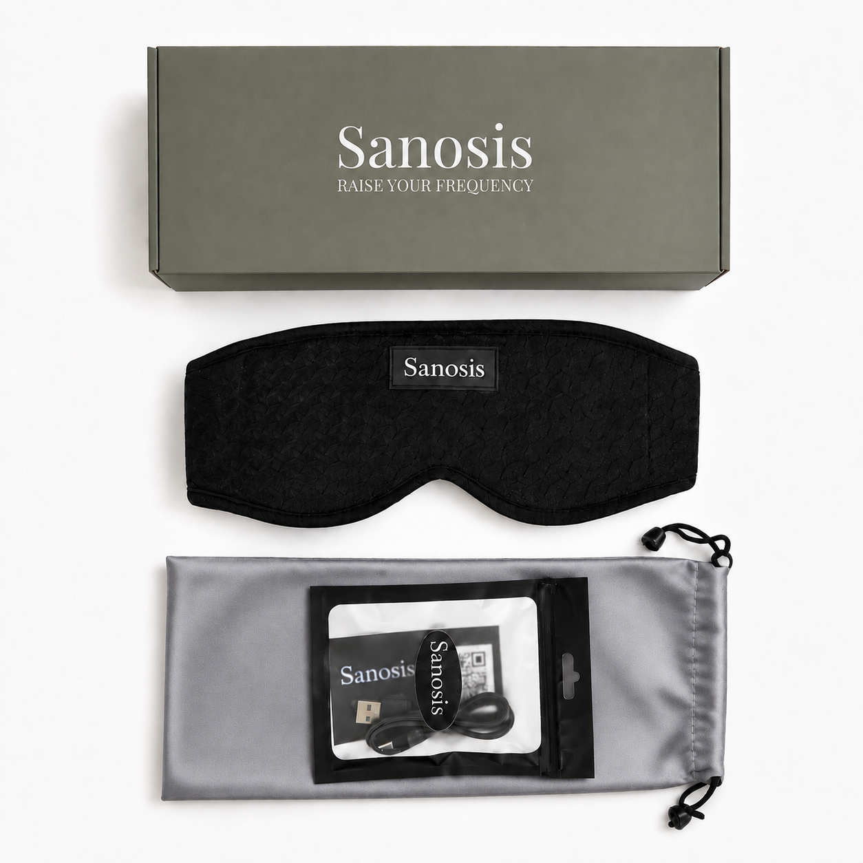 Sanosis sleep headphones set with a black textured sleep mask, gray storage pouch, USB charging cable, and branded green box on a white background.