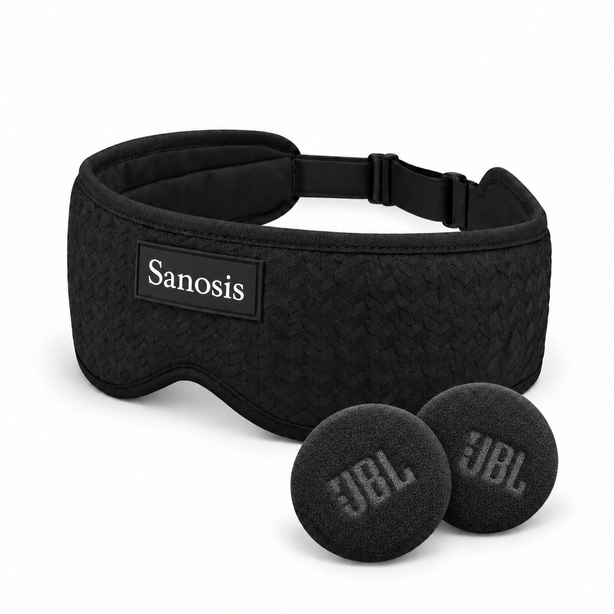 Black Sanosis Sleep Headphones on white background with WaveShield logo
