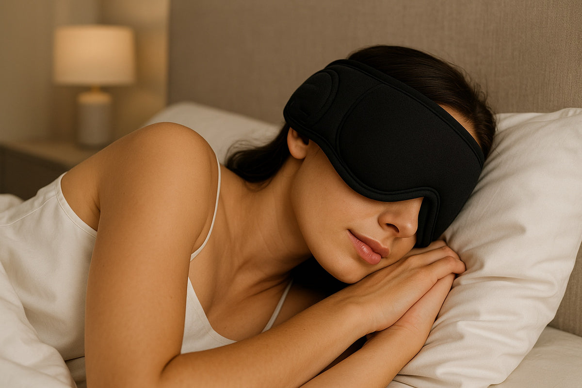 Woman wearing a black audio sleep mask while resting in bed