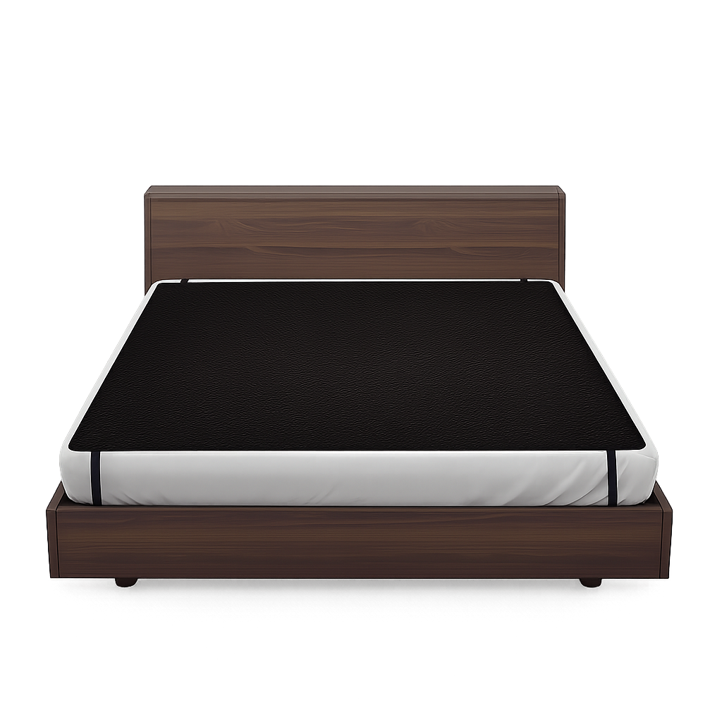 Bed with wooden frame and mattress on a white background
