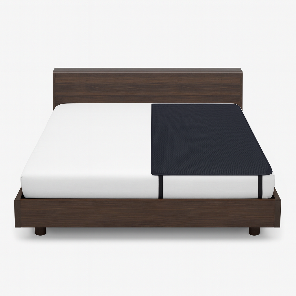 Bed with wooden frame and white mattress on a white background
