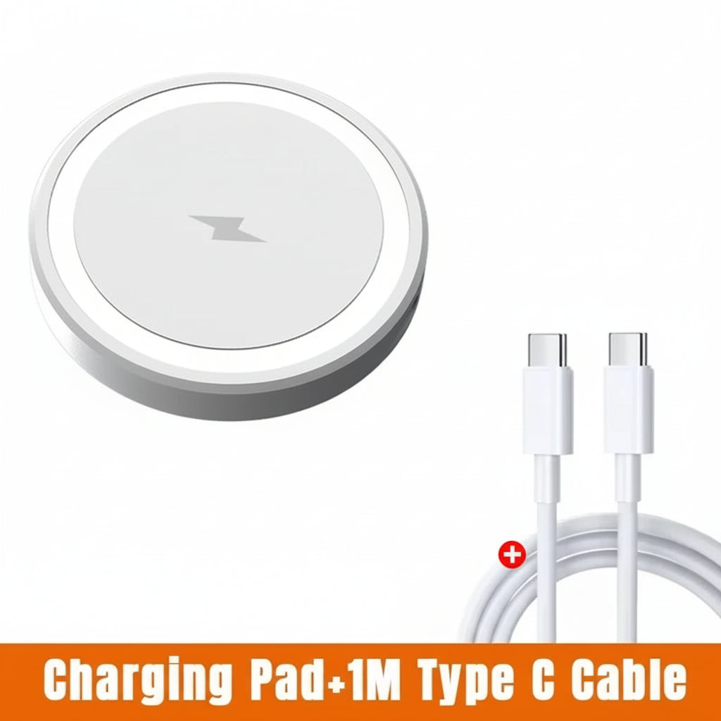 Wireless charging pad with a 1-meter Type C cable on a white background