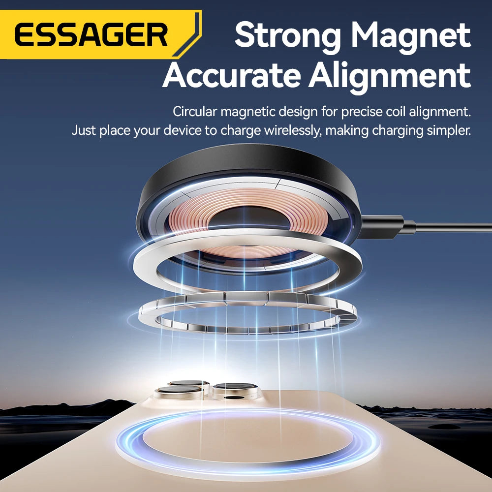 Circular magnetic design for precise coil alignment with ESSAGER branding.