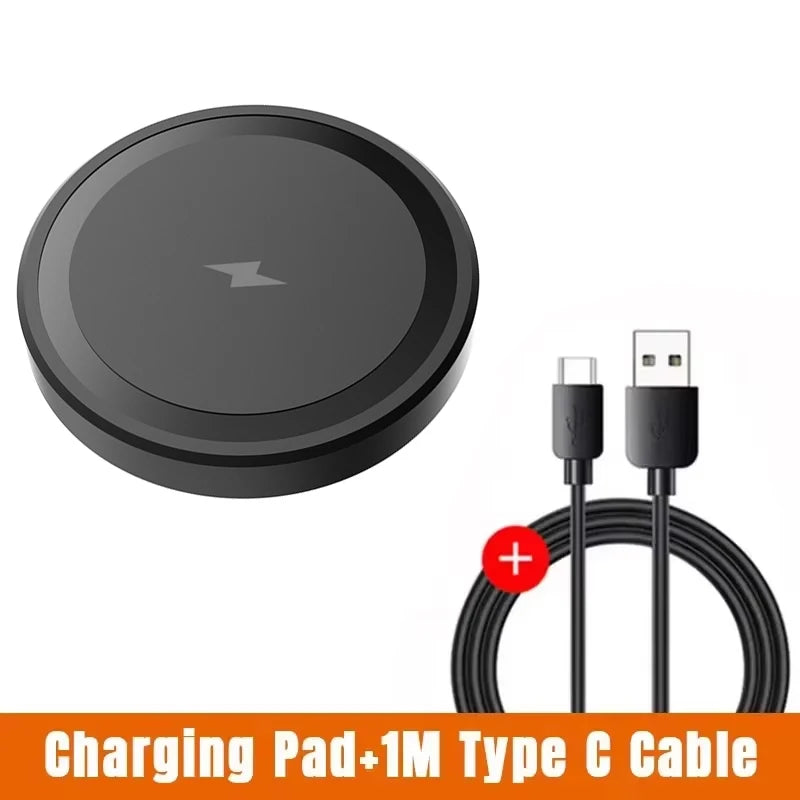 Black wireless charging pad with a 1-meter Type C cable on a white background
