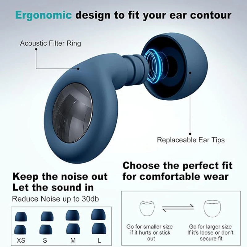 Blue earbud with features highlighted on a white background