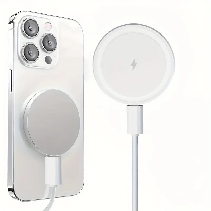 Phone with magnetic charging stand and lightning bolt symbol on a white background