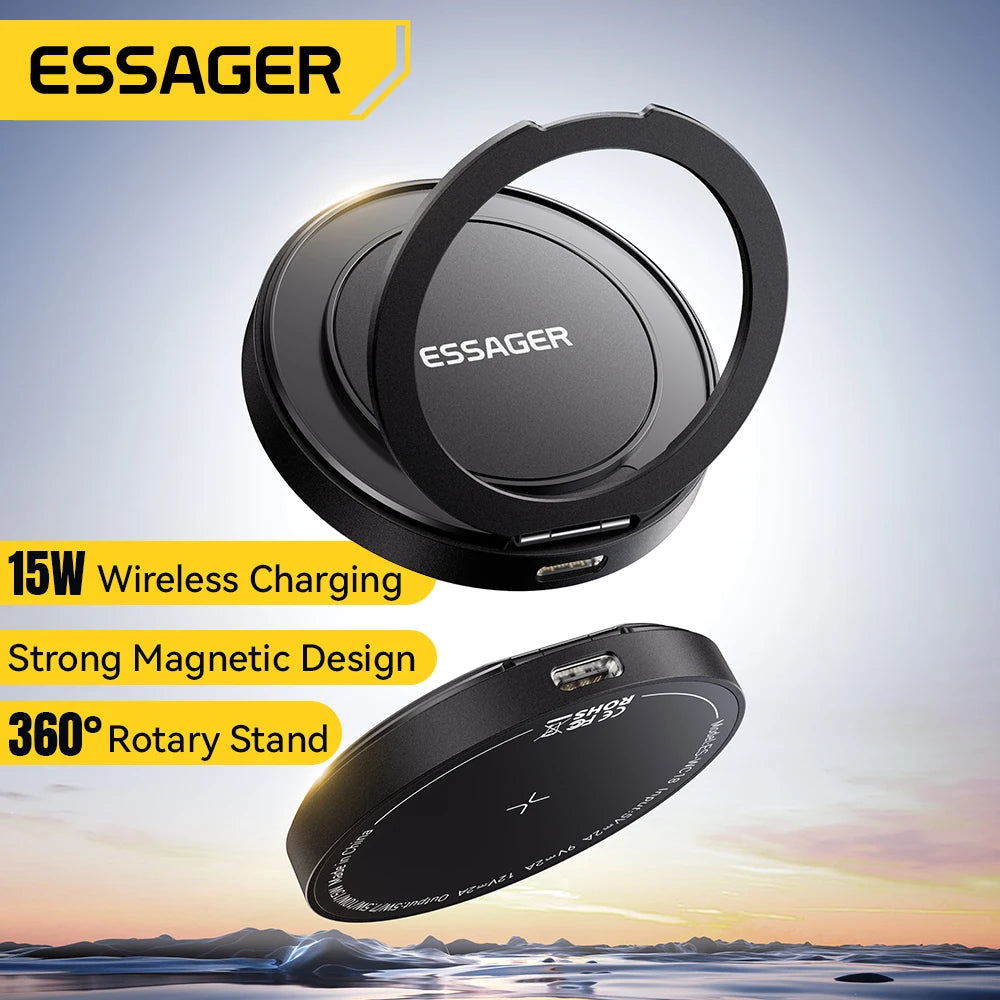 ESSAGER wireless charging stand with magnetic design and 360-degree rotation on a scenic background