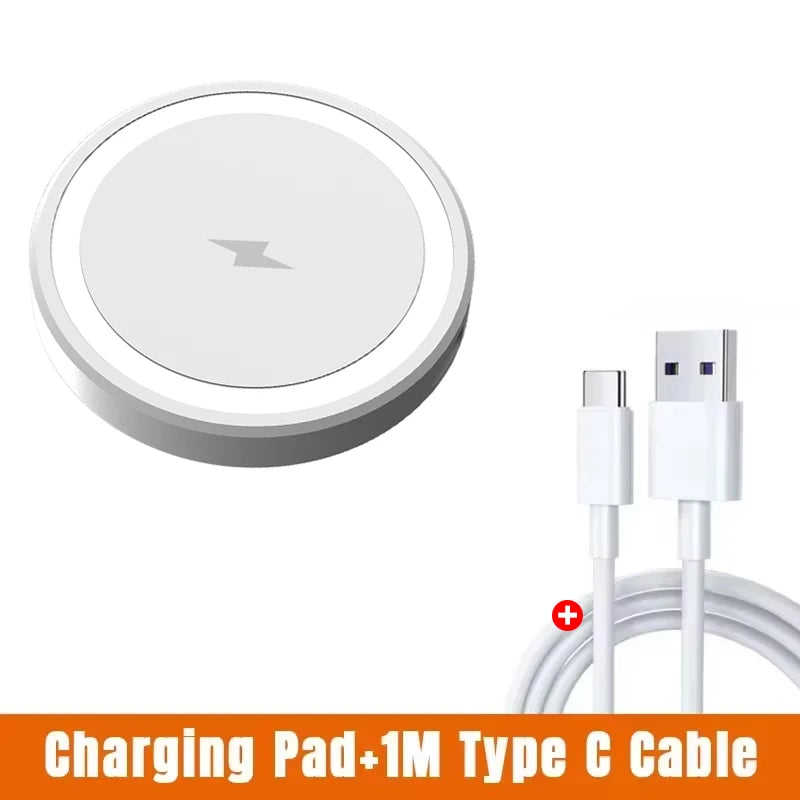 Wireless charging pad with a 1-meter Type C cable on a white background