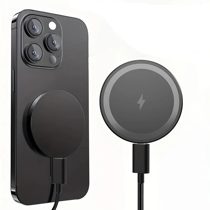 Black wireless charger with magnetic attachment for iPhone on a white background