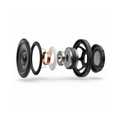 An exploded view diagram of a high-performance speaker system, showing its internal components including the woofer, midrange, tweeter, magnet, coil, and suspension rings, isolated on a white background.