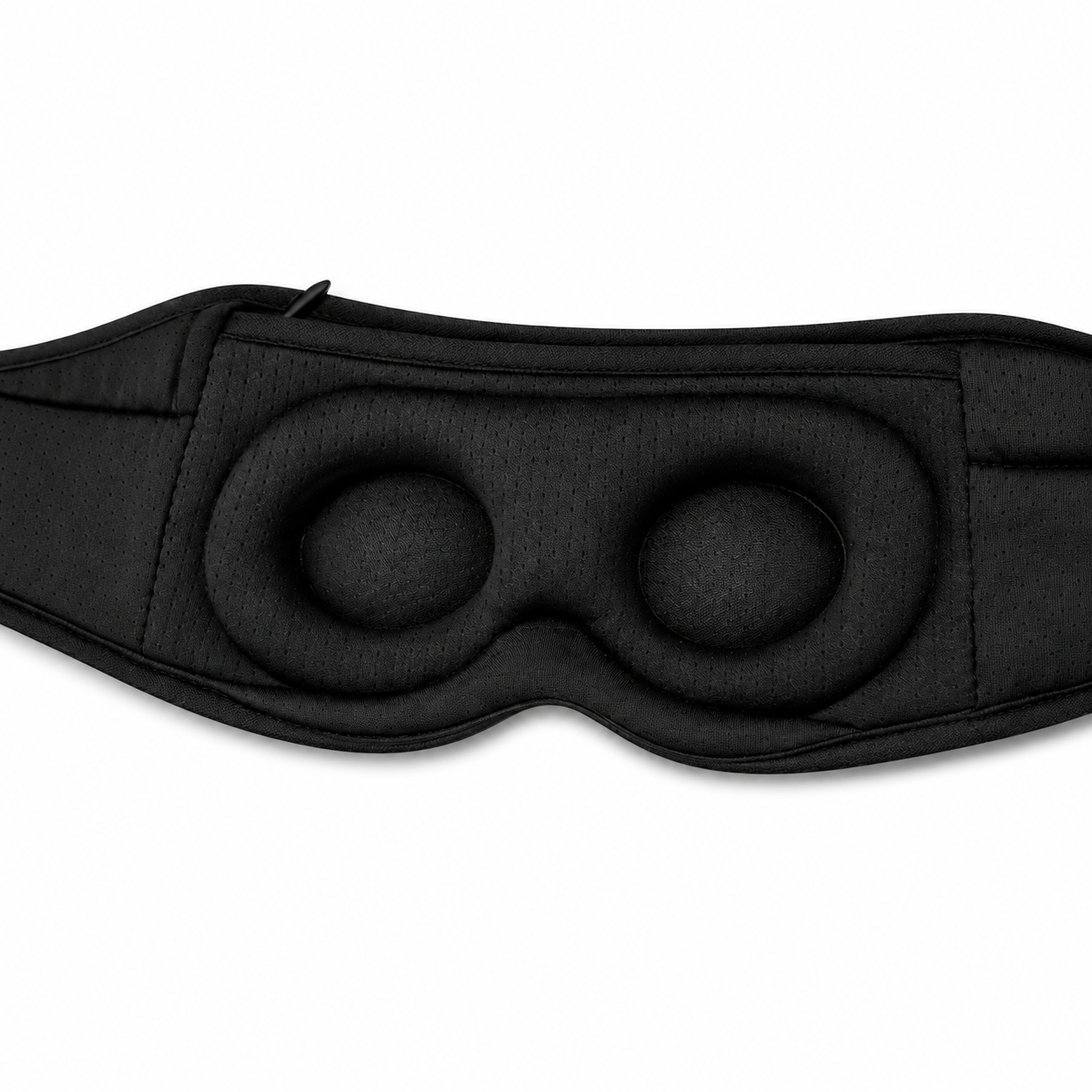 A black eye mask with two circular eye cushions and a padded strap, shown against a plain white background.