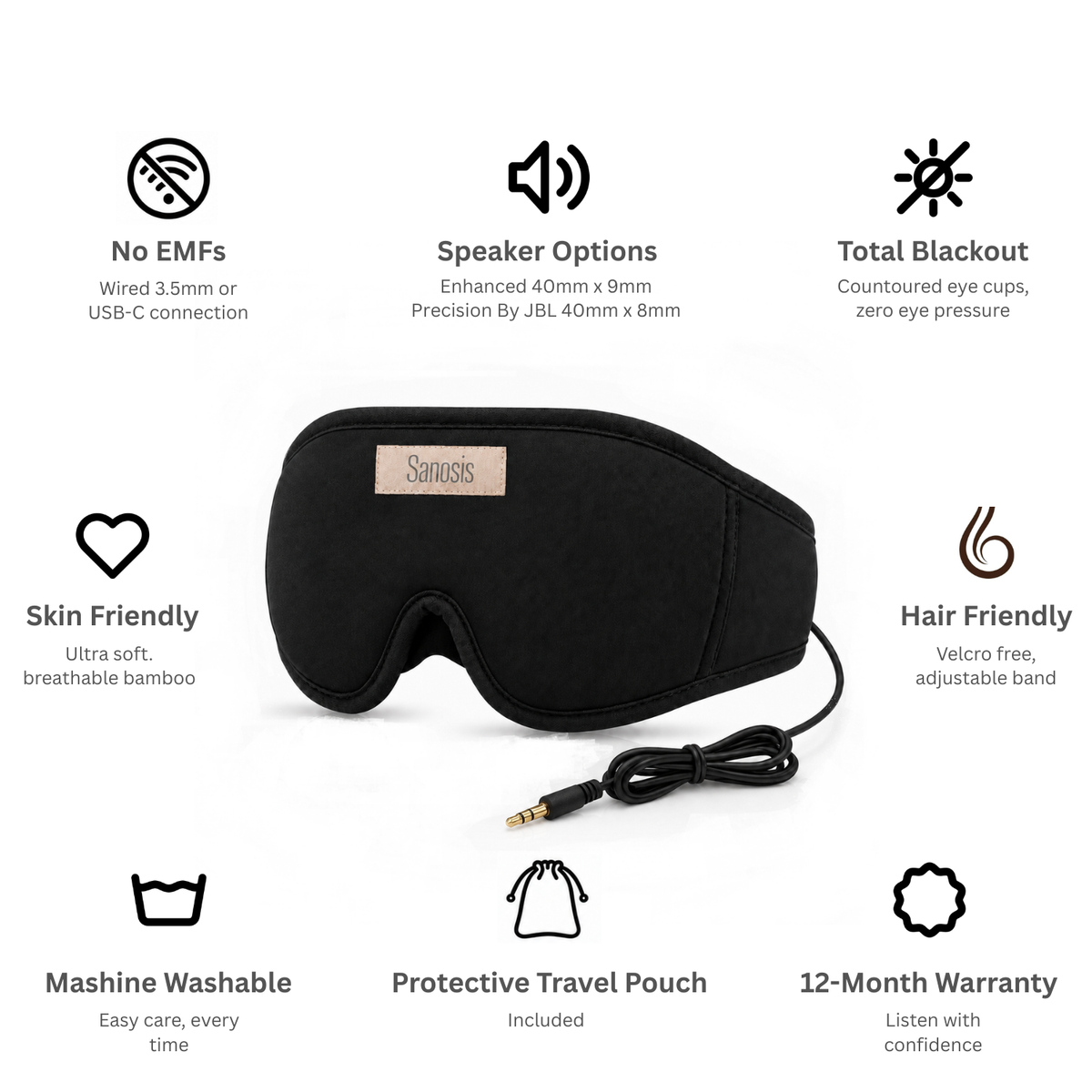 Black sleep mask with a 3.5mm audio jack cable, featuring a beige brand patch that reads 'Senses'.