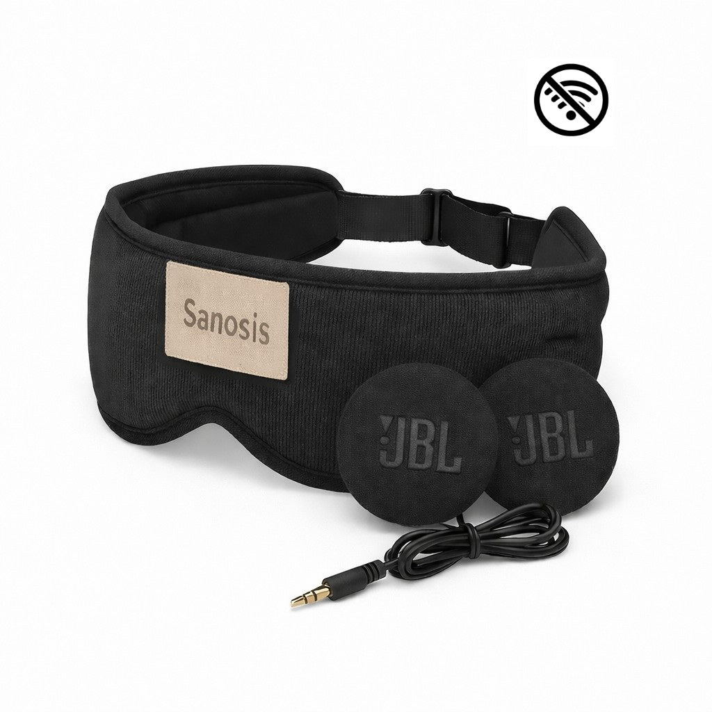 Sanosis Ascend sleep mask headphones in black wired showing no EMF radiation logo