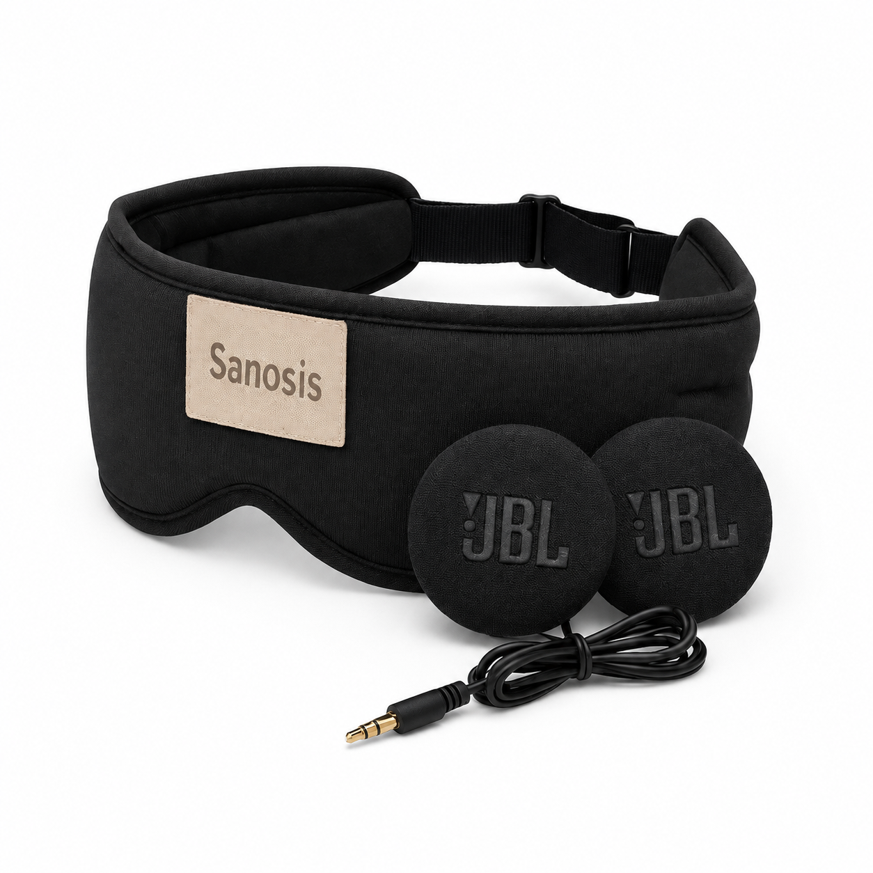 Sanosis black sleep mask with adjustable strap, two round JBL earbuds, and a black 3.5mm audio cable on a white background.