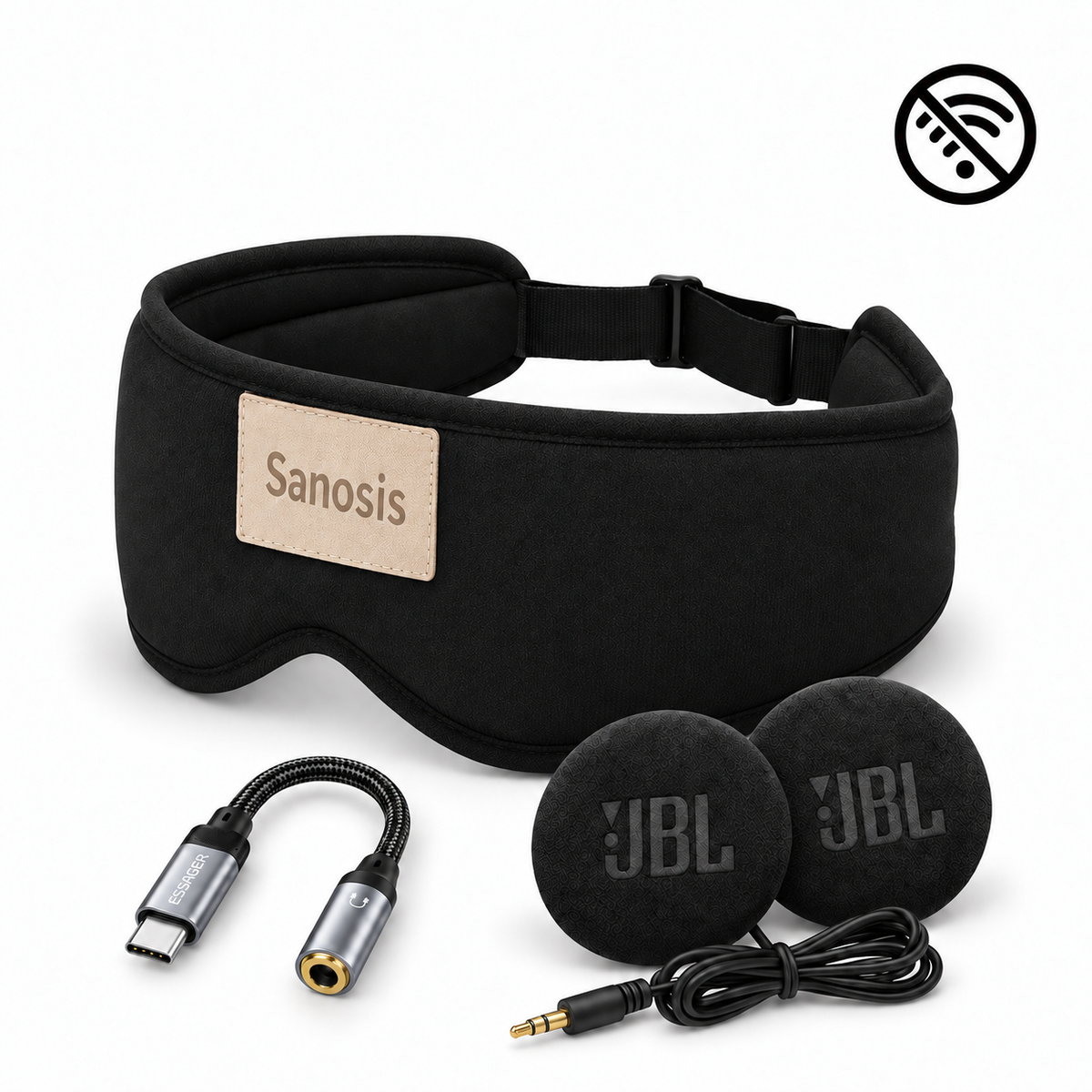 Sanosis black sleep mask with a beige brand patch, shown with a USB-C to audio adapter, two JBL earplugs, and an audio cable on a white background with a no wireless symbol in the top right corner.