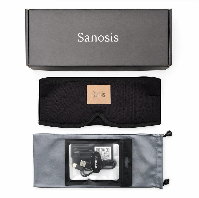 Sanosis sleep mask set including a black sleep mask with a tan brand patch, a gray storage pouch containing a USB cable, and the black product box above, all on a white background.