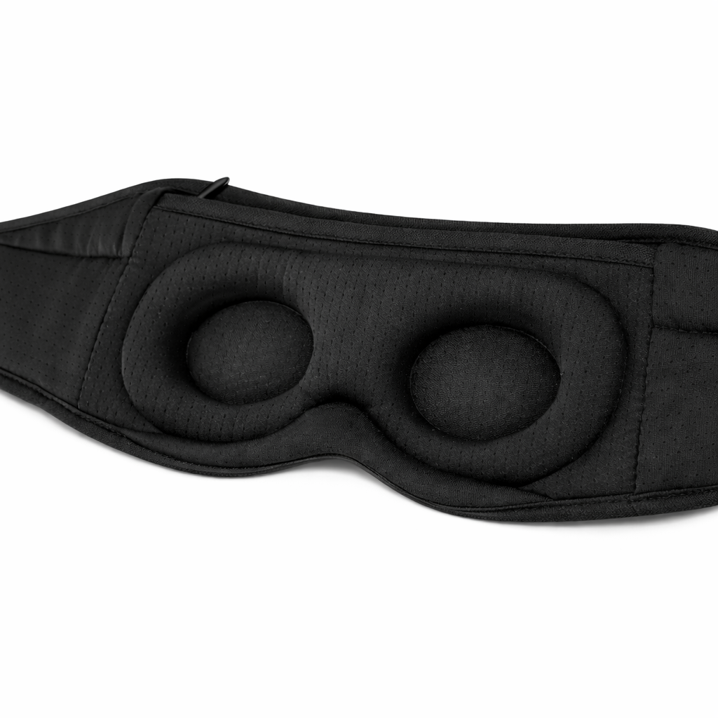 Black sleep mask with adjustable straps on a white background