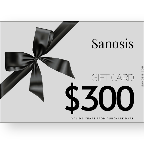 Sanosis $300 gift card with a large black ribbon graphic on a light gray background.