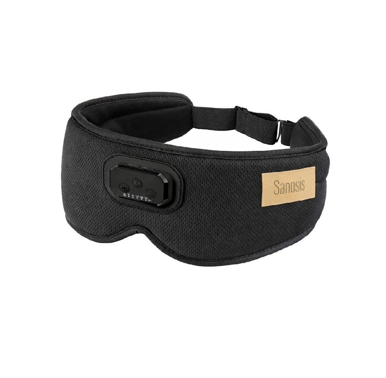 A black Sanosis sleep mask with a textured fabric body, a black control panel on the front, and a tan brand label on the side, shown against a plain white background.