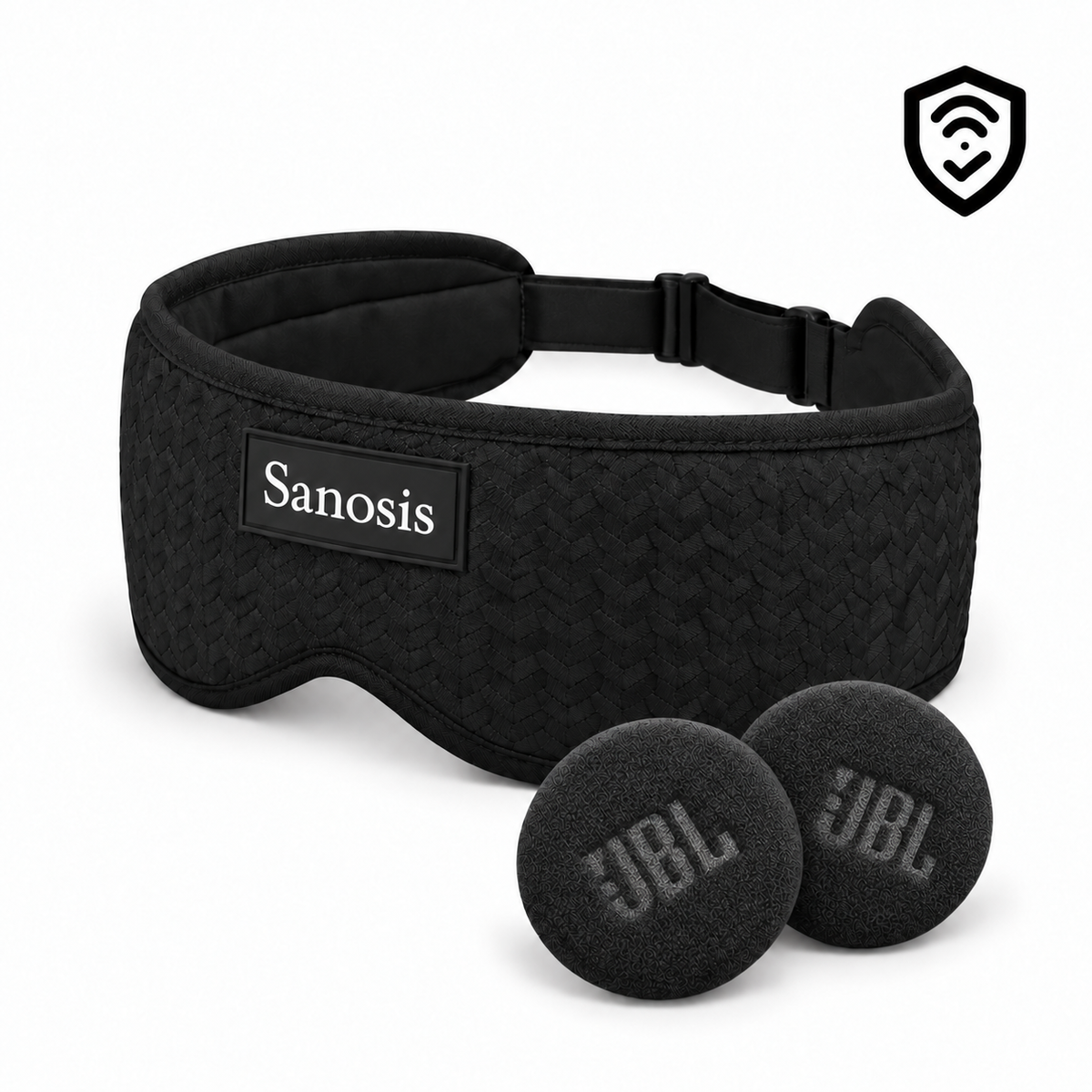 Black Sanosis Sleep Headphones on white background with WaveShield logo