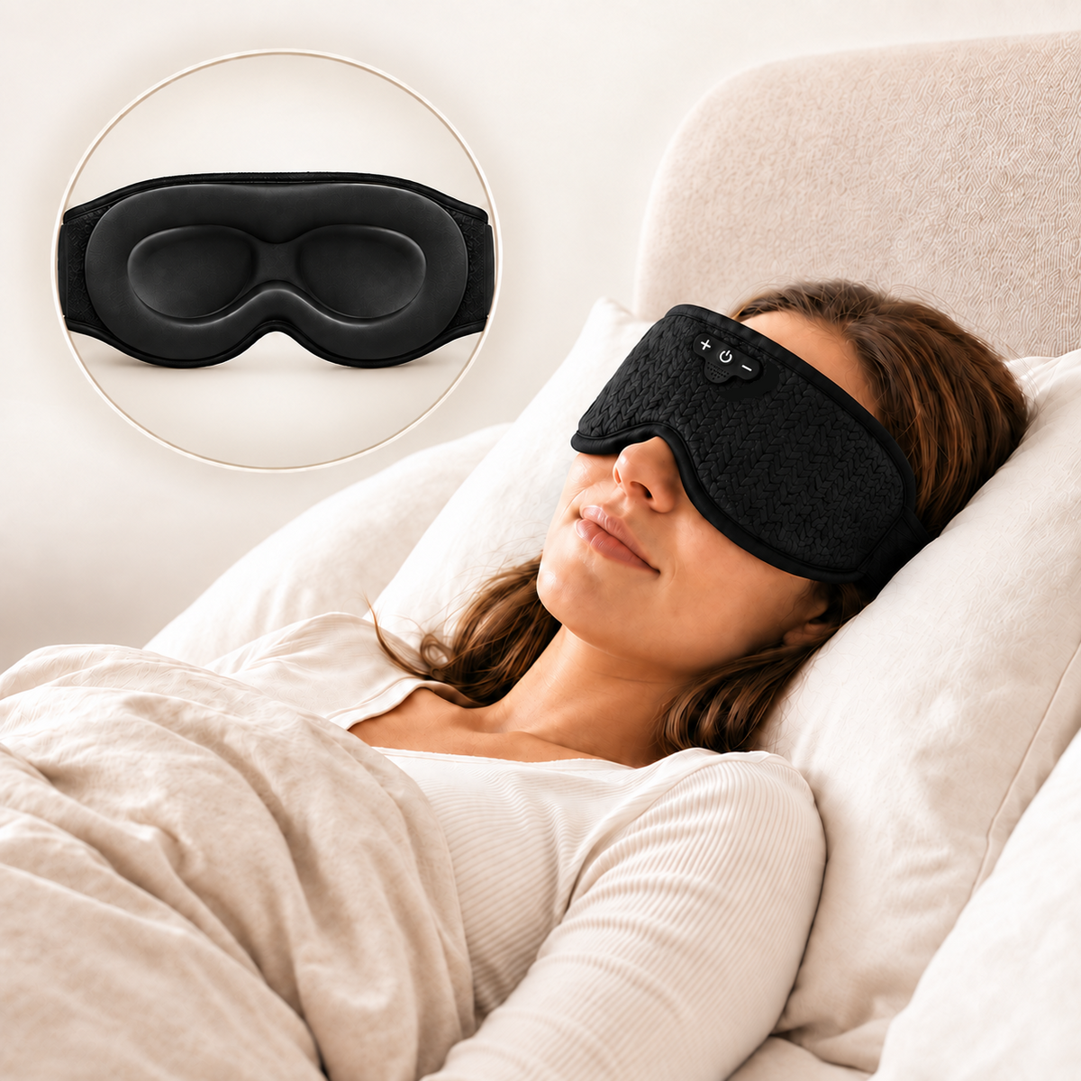 Woman sleeping wearing a Sanosis branded black sleep mask with contoured eye cups highlighted.
