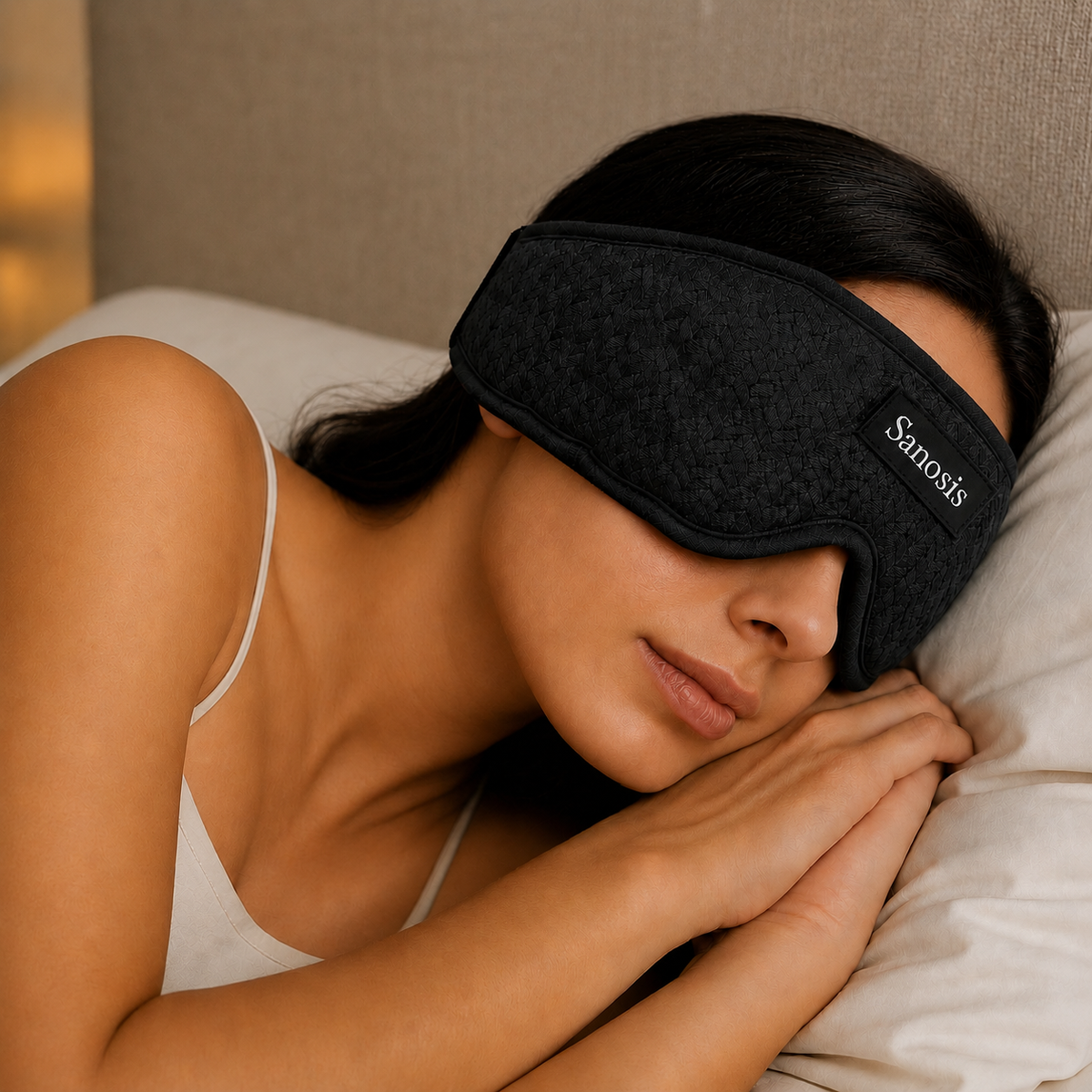 A woman lying down in bed wearing a black knit sleep mask with the brand name 'SanoSis' embroidered on the side. The background shows a neutral beige headboard and pillows.