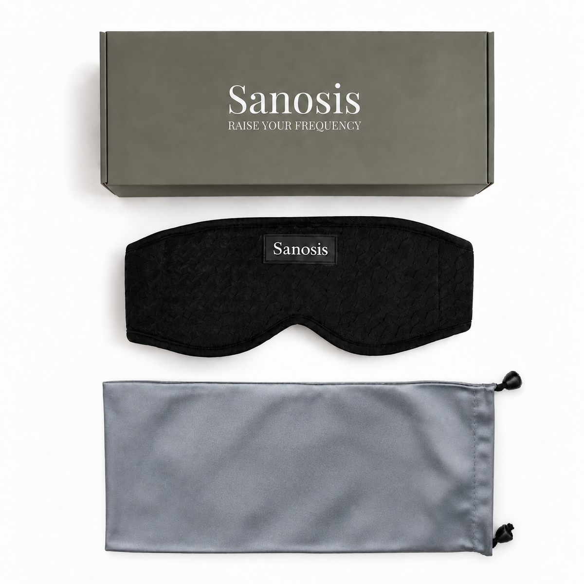 Sanosis sleep mask set with a dark gray presentation box, a black textured sleep mask, and a light gray satin pouch on a white background.