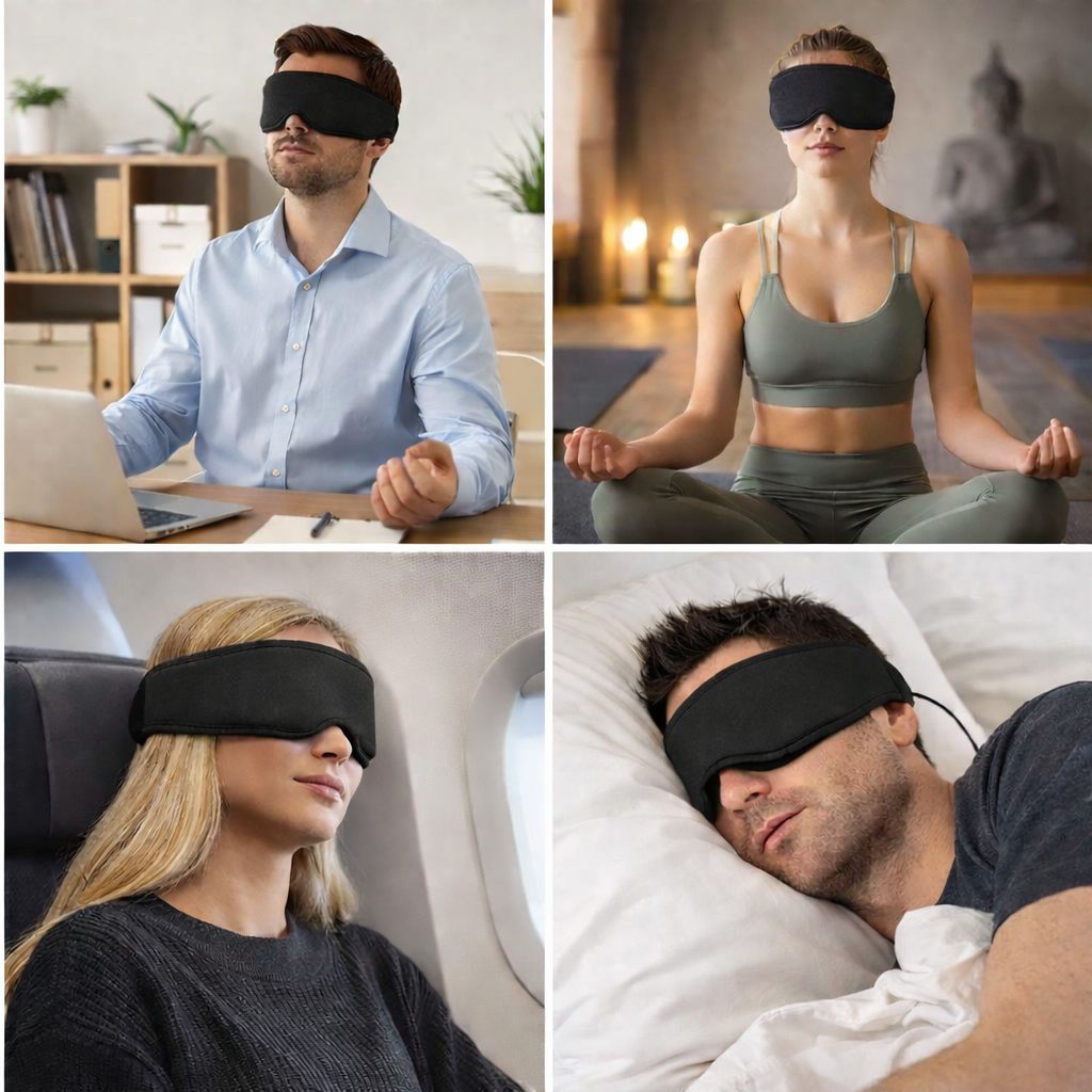 Collage of people wearing black sleep masks in various settings.