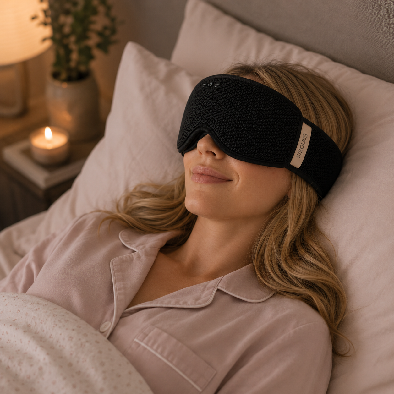Woman wearing a black sleep mask in bed with soft lighting and a candle.