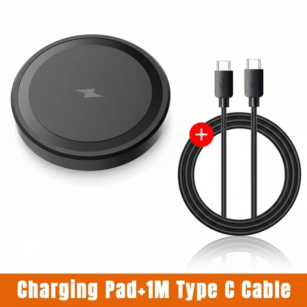 Black wireless charging pad with a 1-meter Type C cable on a white background