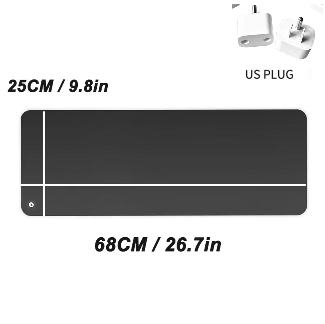 Black rectangular mat with measurements and a US plug icon on a white background