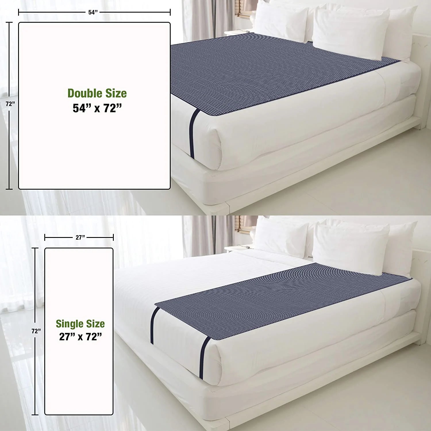 Bedding pad on a bed with dimensions displayed