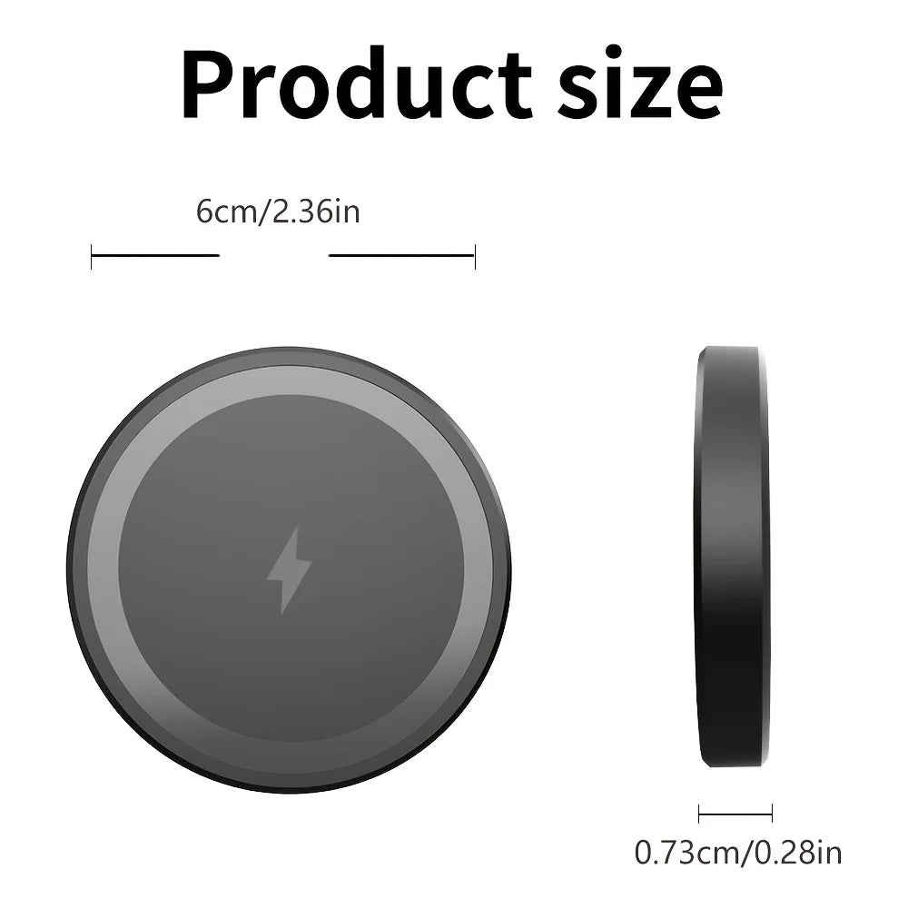 Wireless charging pad with dimensions labeled on a white background