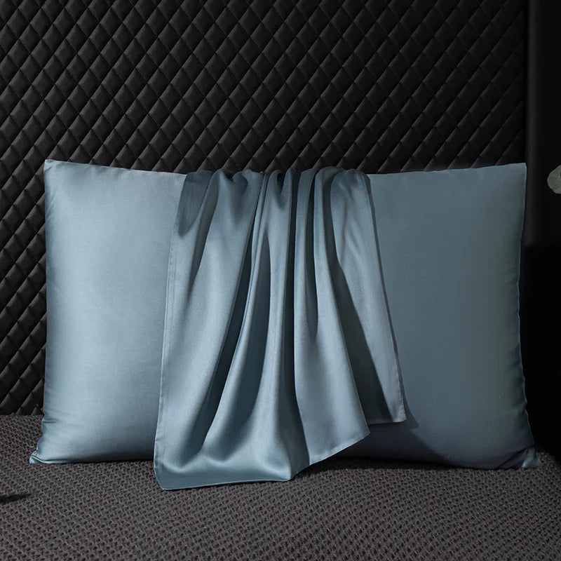 Two light blue satin pillows on a textured dark surface.