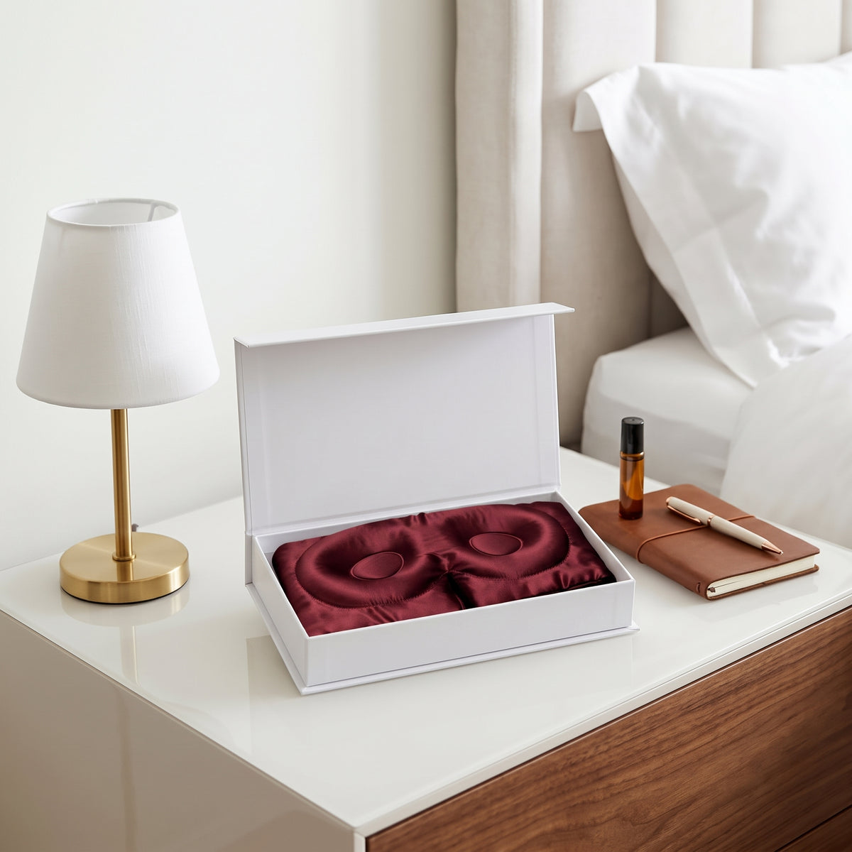A white gift box containing a pair of deep burgundy massage pillows, styled on a white bedside table next to a gold lamp, a brown notebook, and an essential oil bottle in a bedroom setting.