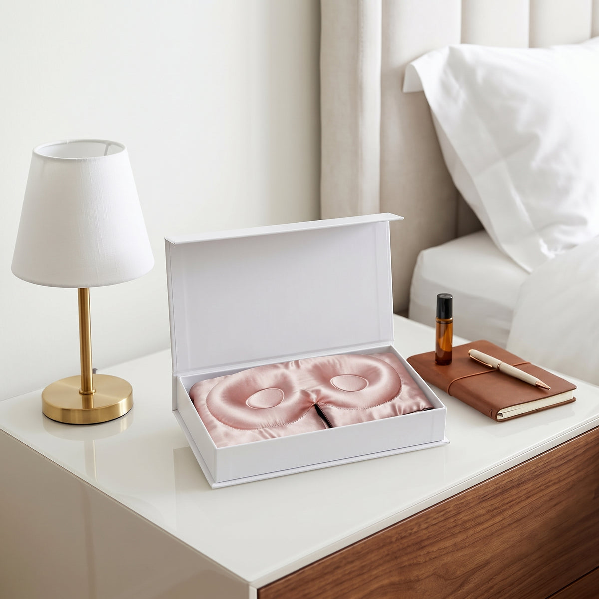 A white gift box containing a pink satin eye mask set, styled on a white bedside table next to a gold lamp, a small bottle, and a brown notebook in a bedroom setting.