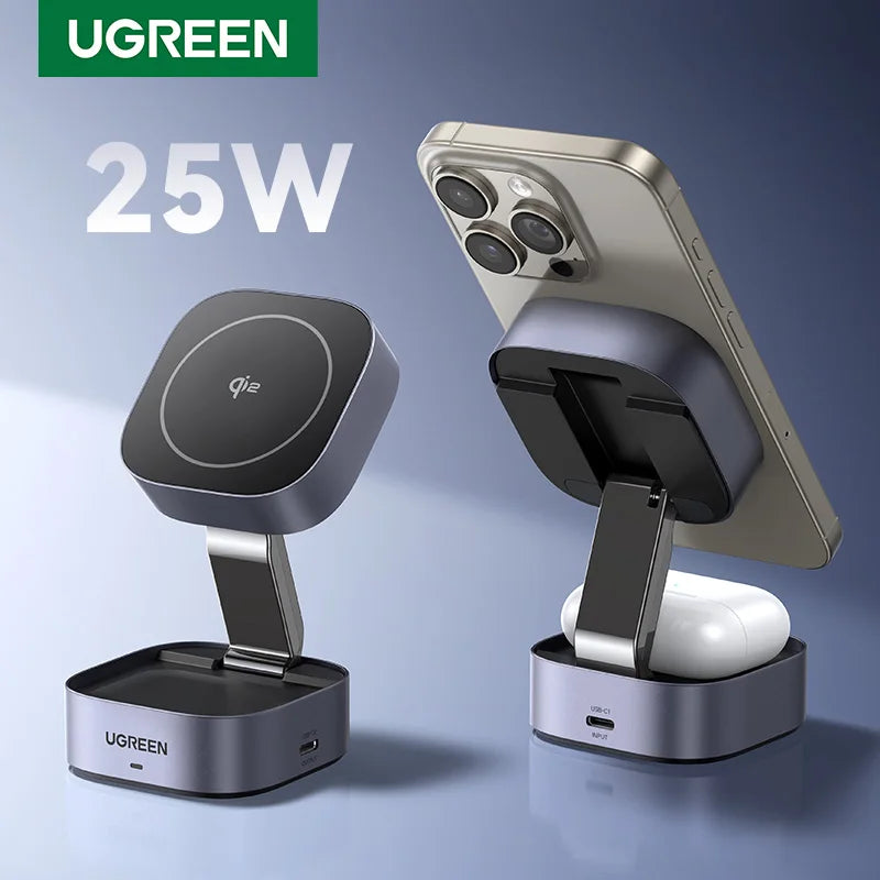 UGREEN wireless charger with smartphone on a blue gradient background