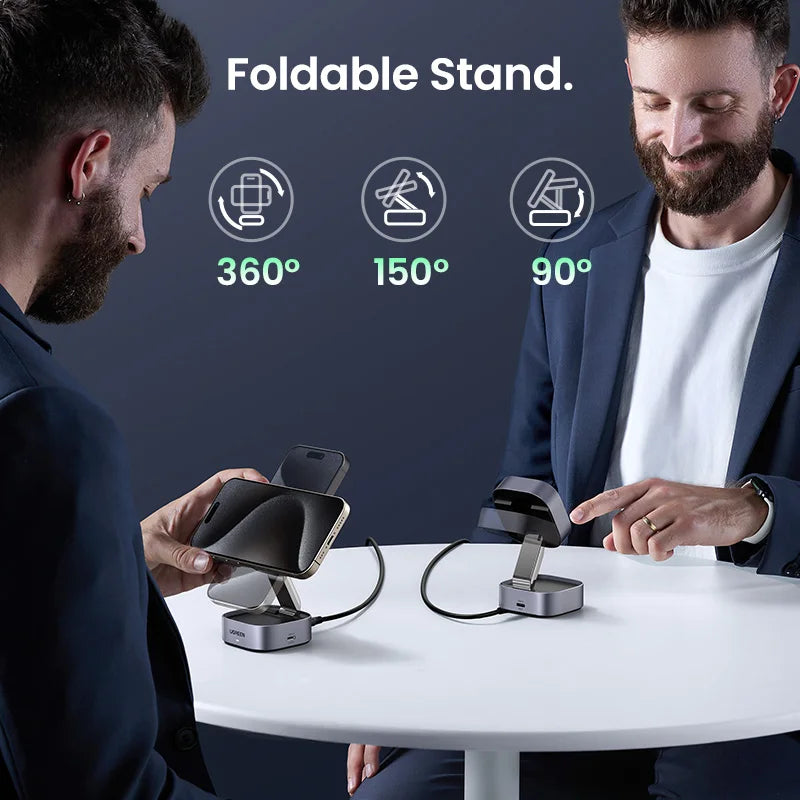 Two men using a foldable stand with smartphone display, showing flexibility angles on a dark background.