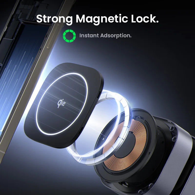 Close-up of a magnetic lock mechanism with 'Strong Magnetic Lock' text and 'Instant Adsorption' label.