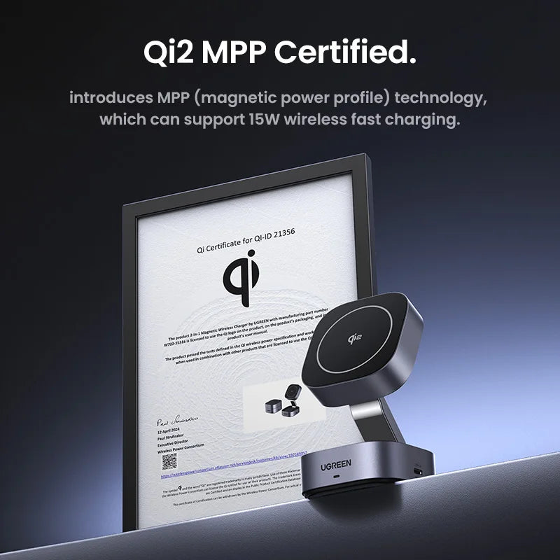 Qi2 MPP certified wireless charging device with a certificate on a dark background