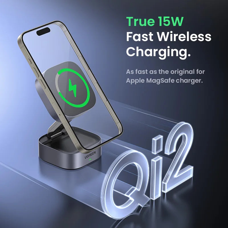 Wireless charging stand with smartphone on a blue gradient background, featuring 'True 15W Fast Wireless Charging' text.